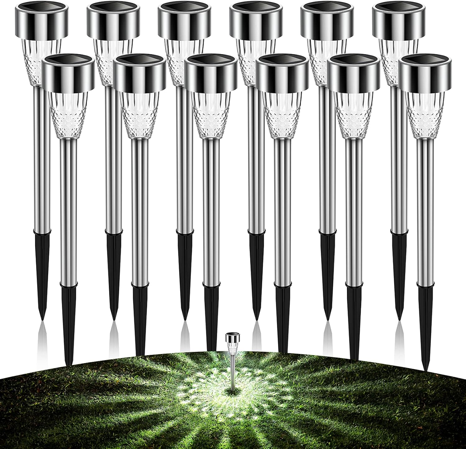 AlJoLife 12Pack Solar Lights Outdoor Decorative, 8H Waterproof Auto Solar Garden Lights, Anti-Deform Stainless Steel Pathway Light Solar Powered, Super Bright LED Landscape Lighting for Yard, Walkway