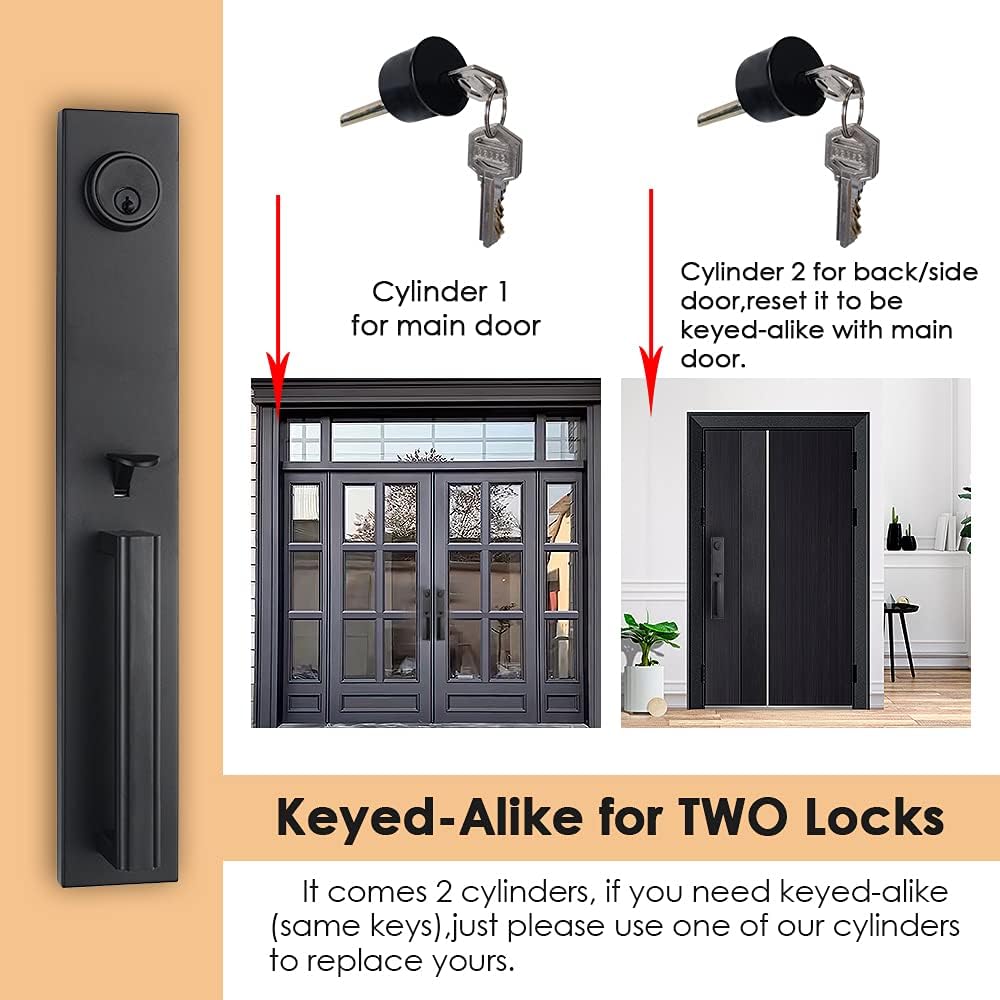 Handleset with Modern Knob and Mode,Handleset for Exterior and Front Door with Deadbolt in Silver Satin Nickel Finish MDHST (KEYED HANDLESET, Matte Black)