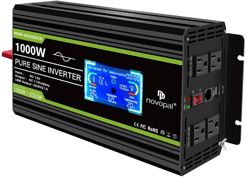 Novopal 1000 Watt Power Inverter Pure Sine Wave-12V DC to 110V/120V AC Converter- 4 AC Outlets Car Inverter with 1 USB Port-16.4 feet Remote Control,Two Cooling Fans and LCD Display