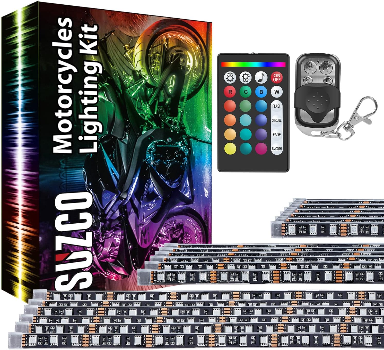 SUZCO 10-Pack Motorcycle LED Strips Light Kit with APP/IR/RF Remotes, Sync RGB Multi-Color Atmosphere Underglow Lights, Waterproof LED Strip 12V for Harley Honda Kawasaki Suzuki Polaris