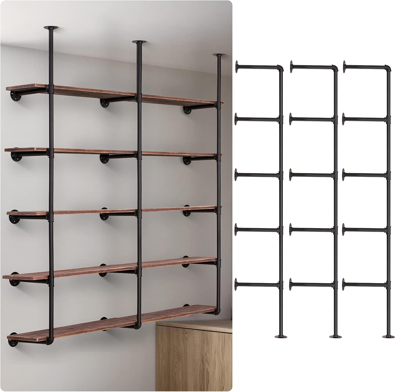 Pynsseu Industrial Iron Pipe Shelf Wall Mount, Farmhouse DIY Open Bookshelf, Pipe Shelves for Kitchen Bathroom, bookcases Living Room Storage, 3Pack of 5 Tier