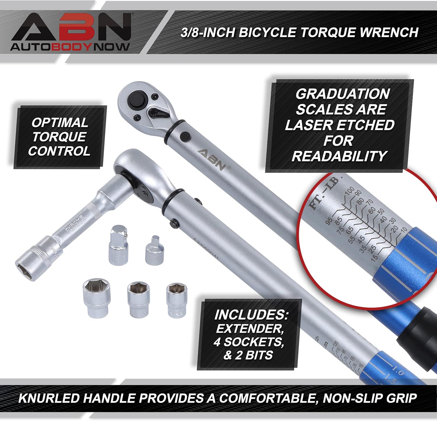 ABN 3/8 Inch Drive Dual Direction Torque Wrench and Extension Torque Adapter Set - 10-100 ft-lb Bike Torque Wrenches Pack of 2