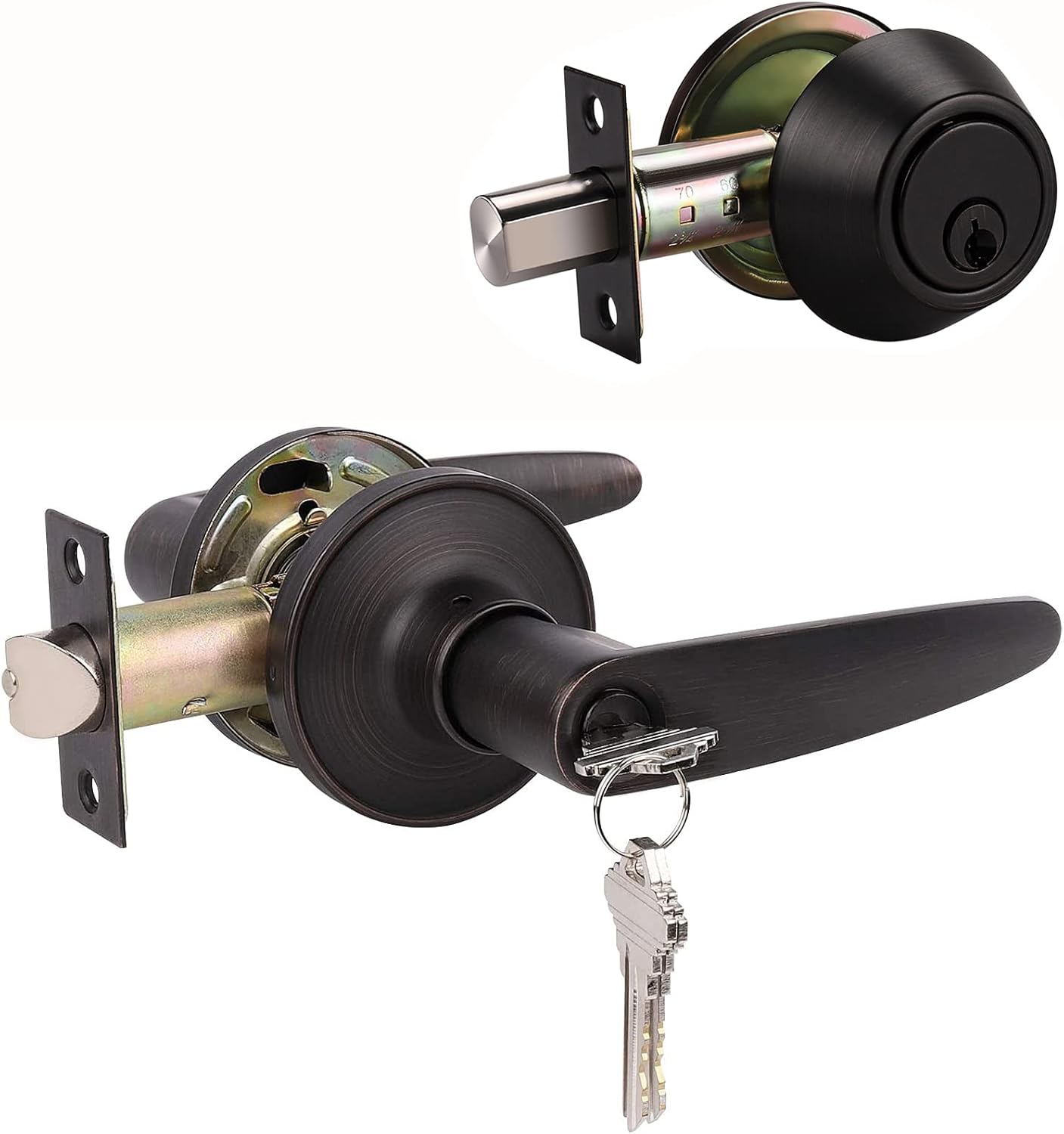 3 Pack Keyed Entry Door Lever and Single Cylinder Deadbolt Combination Set in Matte Black Finish, Exterior Lever with Lock and Deadbolt, Keyed Alike