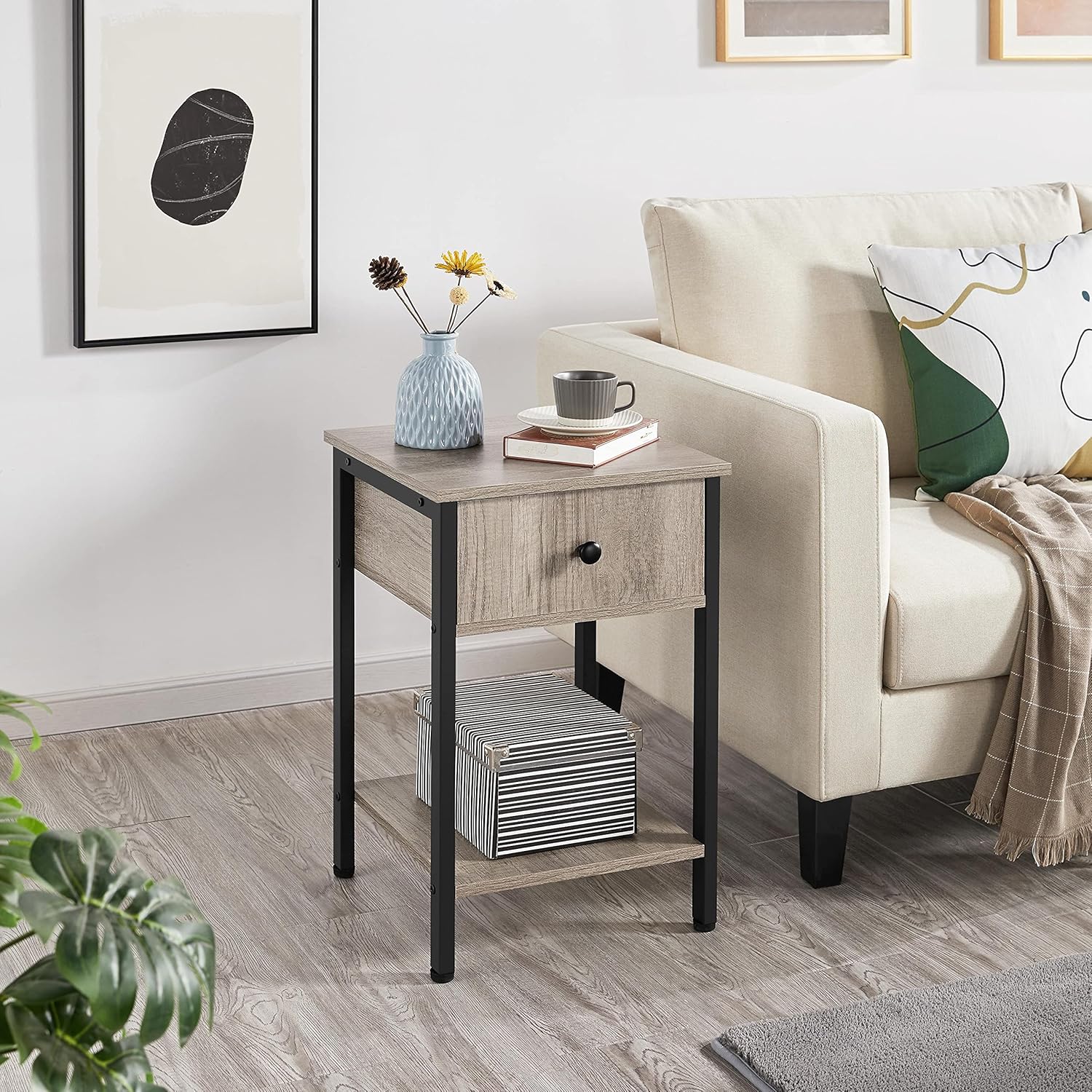 Yaheetech Industrial End Table Set of 2, Side Tables with Drawer and Shelf, Wooden Accent Living Room Tables, Easy Assembly, Gray