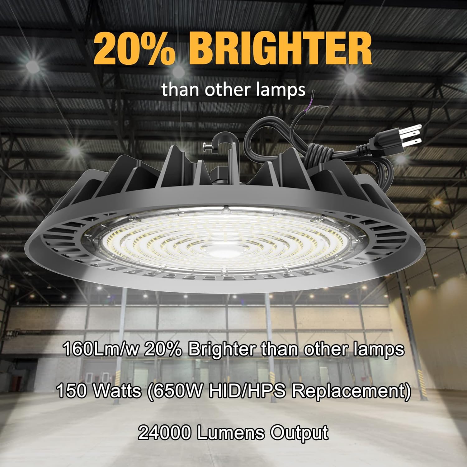 JC-LGL UFO LED High Bay Light 150W 24,000LM (160LM/W) 1-10V Dimmable, 5' Cable with Plug, Hanging Hook, Safe Rope, ETL Listed High Bay LED Light for Factory Warehouse Workshop Pack of 2