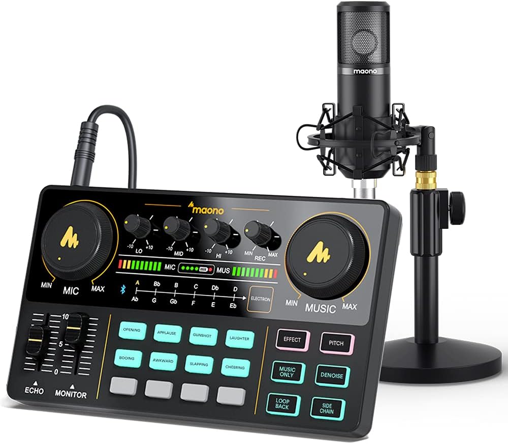 Audio Interface with DJ Mixer and Sound Card, Maonocaster Lite Portable ALL-IN-ONE Podcast Production Studio with 3.5mm Microphone for Guitar, Live Streaming, PC, Recording and Gaming(AU-AM200-S1)