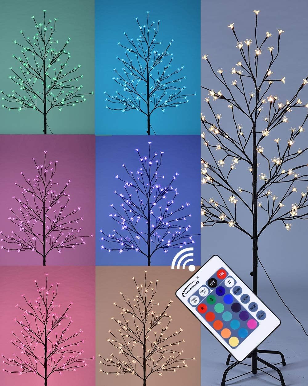 LIGHTSHARE Cherry Blossom Lighted Tree 5 Feet, RGB with Remote Control, 16 Color-Changing Modes Pack of 2