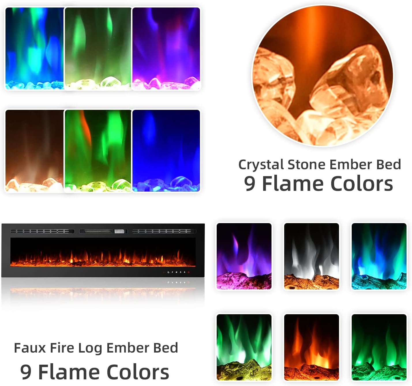 LIFETEN 60 inch Electric Fireplace with Free Standing, Wall Mounted Fireplace Insert Heater with Remote Control&Touch Screen, Logs&Crystals, Recessed Electric Fireplace, 9 Color LED Flamer, 750/1500W