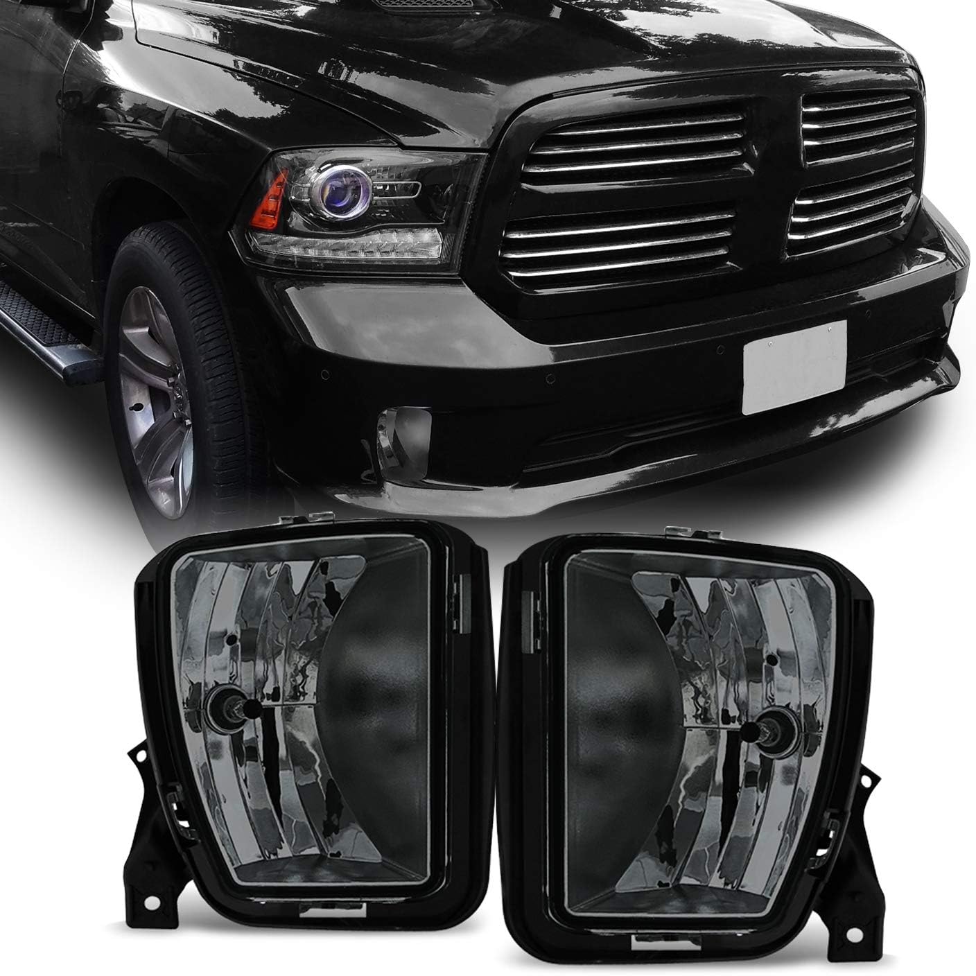 AKKON - For 2013-2018 Dodge RAM 1500 Smoked Fog Driving Light with Bulbs Assemblies Pair Set Pack of 2