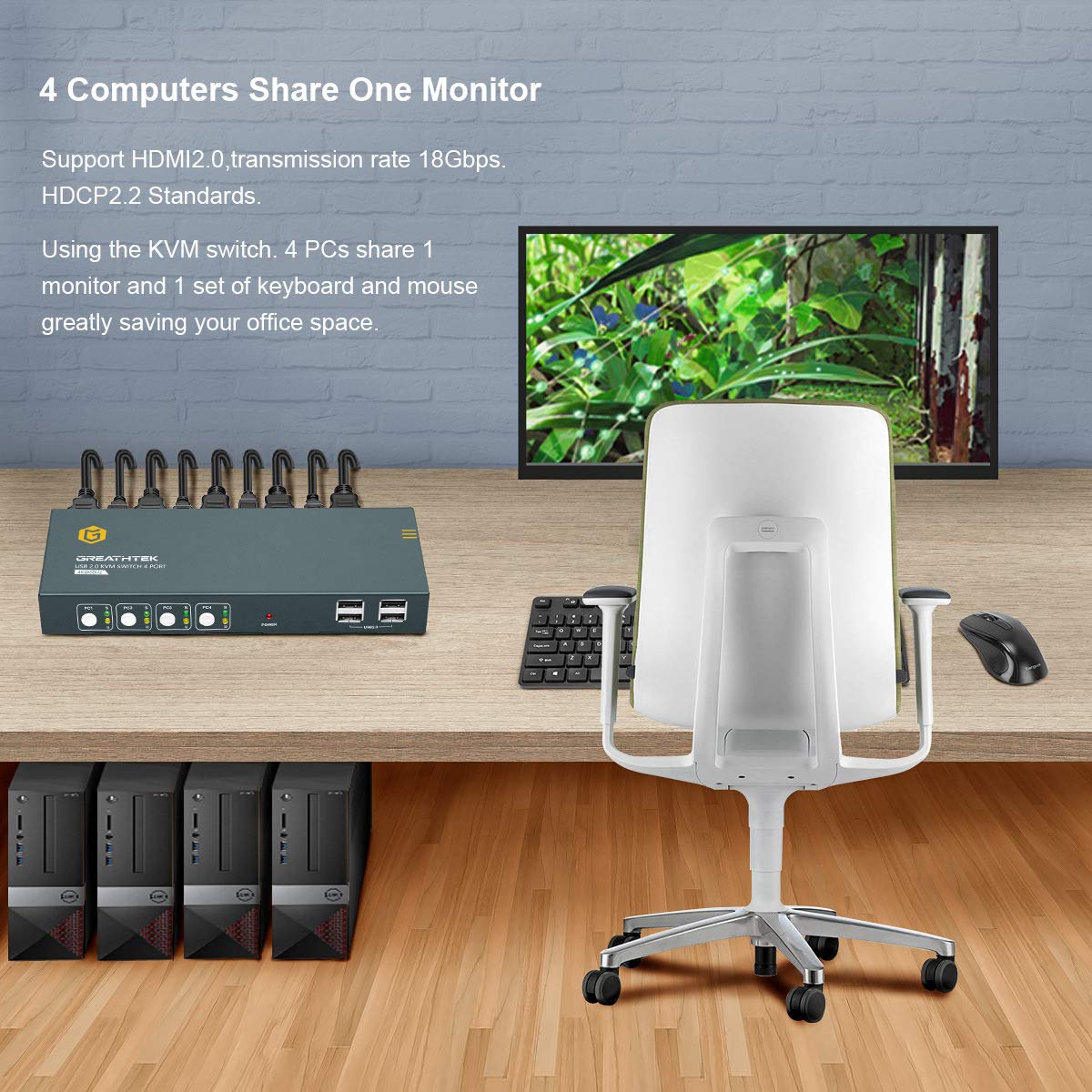 GREATHTEK KVM Switch HDMI 4 Port 4K@60Hz with USB 2.0,HDMI 2.0,HDCP2.2,YUV 4: 4: 4,All Needed Cables,Support Wireless Keyboard and Mouse Pack of 2