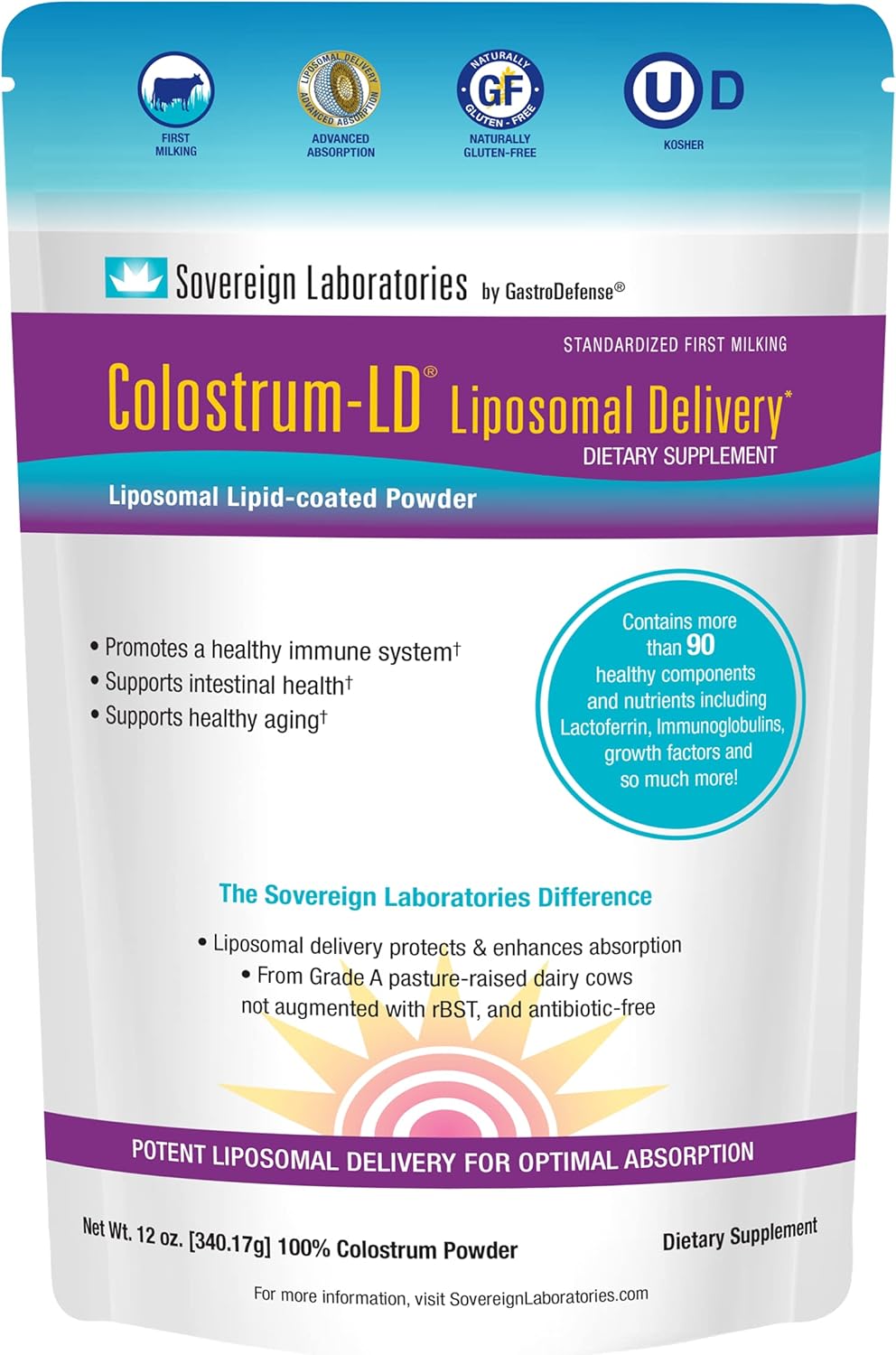 Colostrum-LD Liposomal Delivery - Colostrum Powder - Gluten-Free, Lactose-Reduced - 68 Servings - Sovereign Laboratories - 12oz Plain Pack of 2