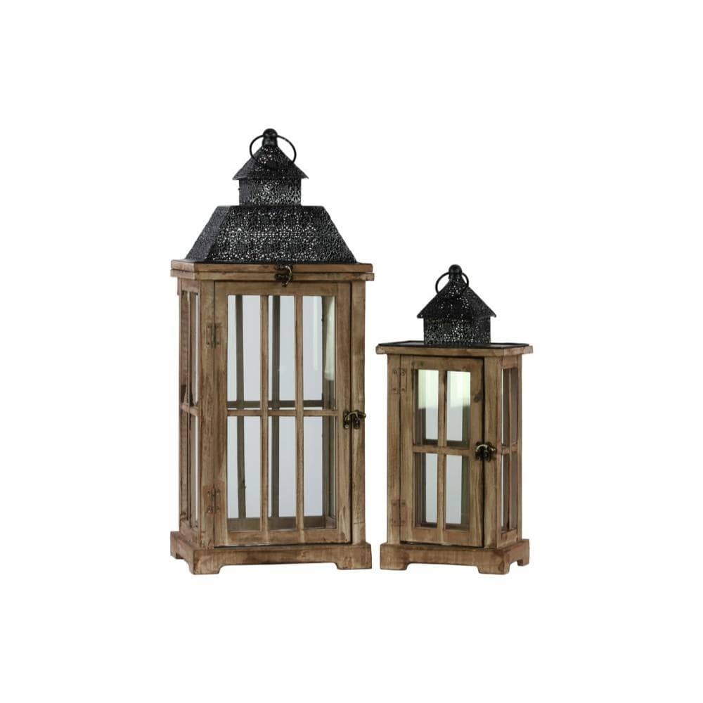 Benzara - Traditional Wooden Lantern with Black Pierced Metal Top, Set of 2, Dark Brown