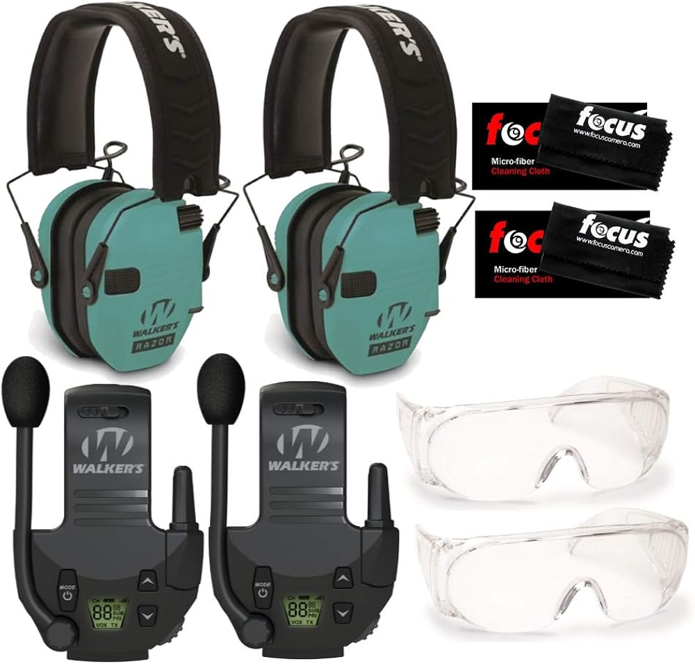 Walker’s Razor Slim Electronic Shooting Muffs (Light Teal) 2-Pack with Walkie Talkies, Shooting Glasses, and Focus Cleaning Cloths Bundle (8 Items)