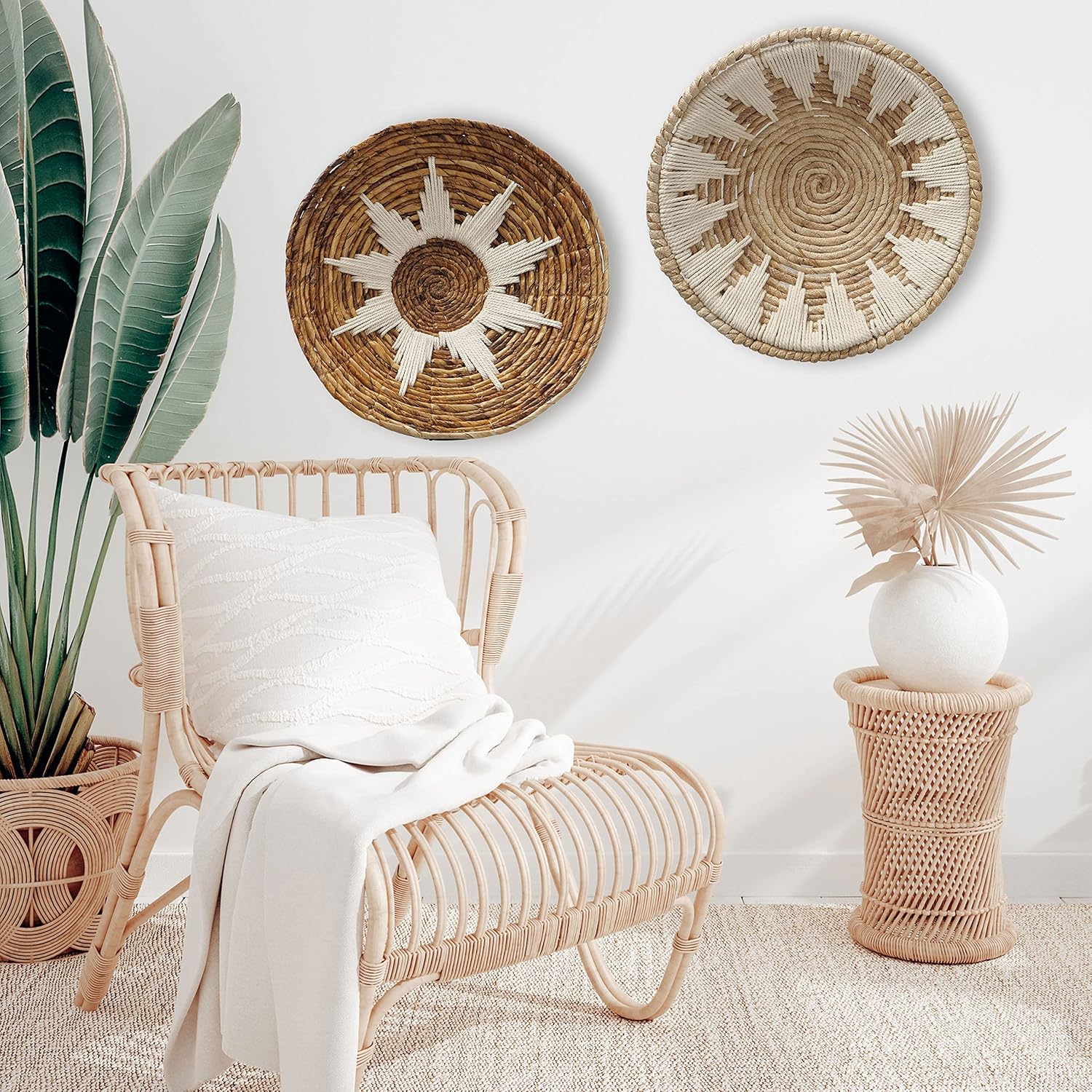 WHW Whole House Worlds Modernist Home Wall Art Wicker Circular Baskets, Set of 2, Banana Leaf, Natural Tones with White Yarn Accents, Each 15.75 Inches in Diameter, Sunburst Pattern
