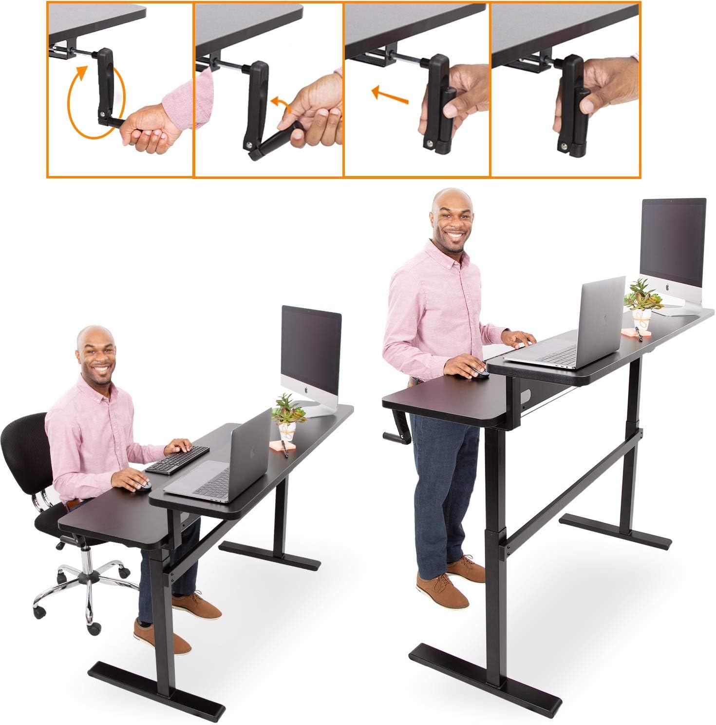 Stand Steady Tranzendesk | 55 Inch Dual Level Standing Desk with Detachable Wheels | Front Crank Easy Manual Height Adjustable Sit to Stand Workstation | Stand Up Desk with Monitor Riser (55 / Black)