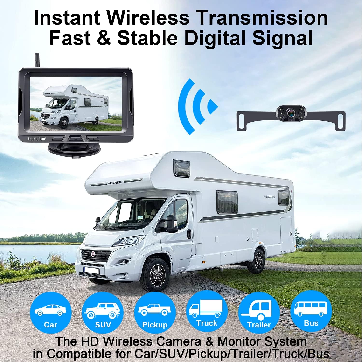 Wireless Backup Camera 5 Inch Rear View Monitor Kit HD 1080P Bluetooth Reverse Cameras for Truck Car Van Camper Two Channels Waterproof Night Vision DIY Parking Guide Lines LeeKooLuu LK2