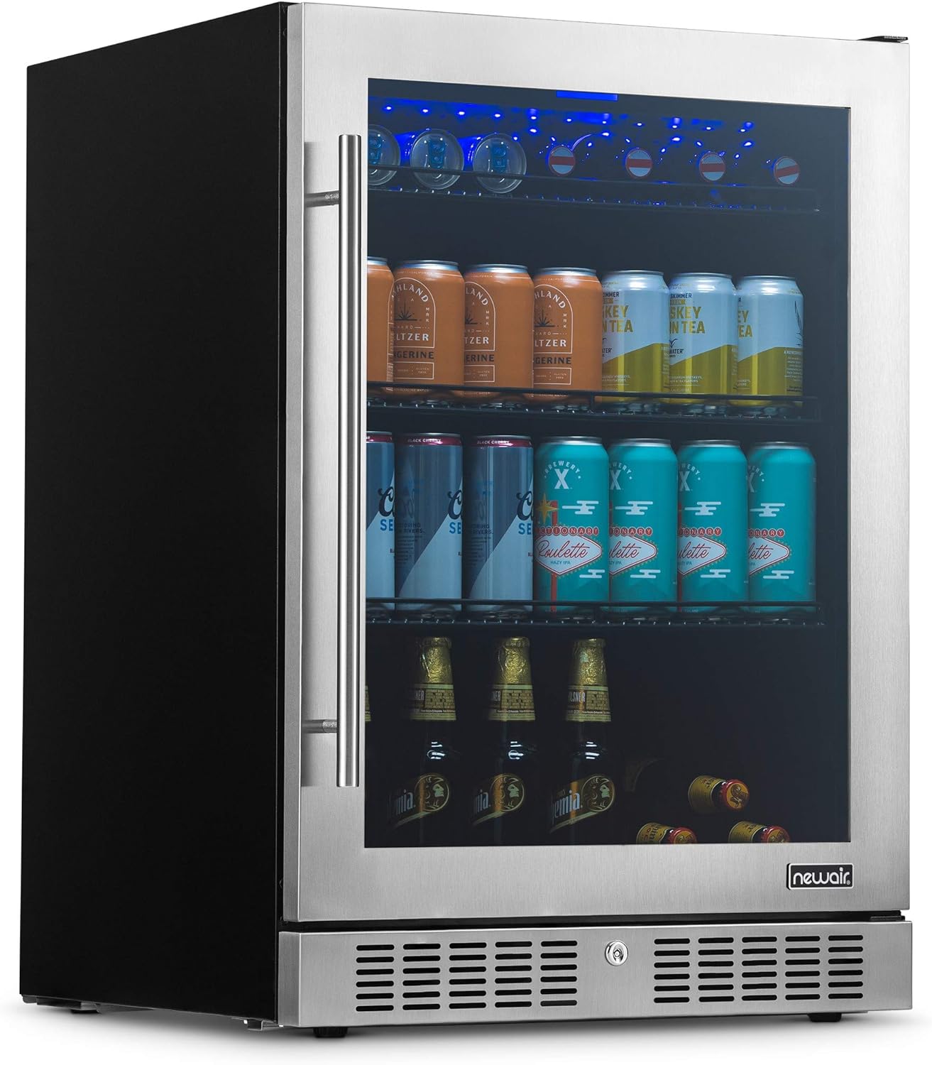 NewAir Large Beverage Refrigerator Cooler with 224 Can Capacity - Mini Bar Beer Fridge with LED Lights - Adjustable/ Removable Shelves And Bottom Key Lock - Cools to 37F - Stainless Steel, Silver