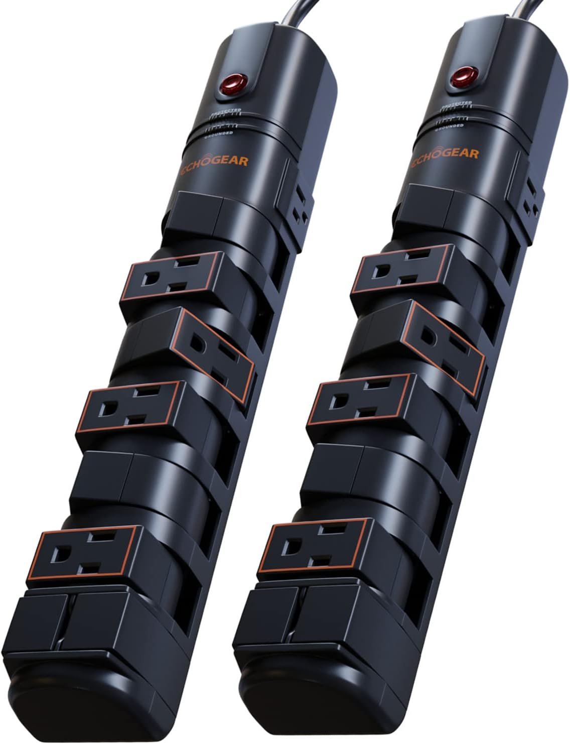 ECHOGEAR Rotating Outlet Surge Protector 2 Pack with 8 Outlets, Flat Plug, Long Cord, & Mounting Holes - Power Strip with Heavy Duty Surge Supression Plus Built-in Cable Management - Black Pack of 2