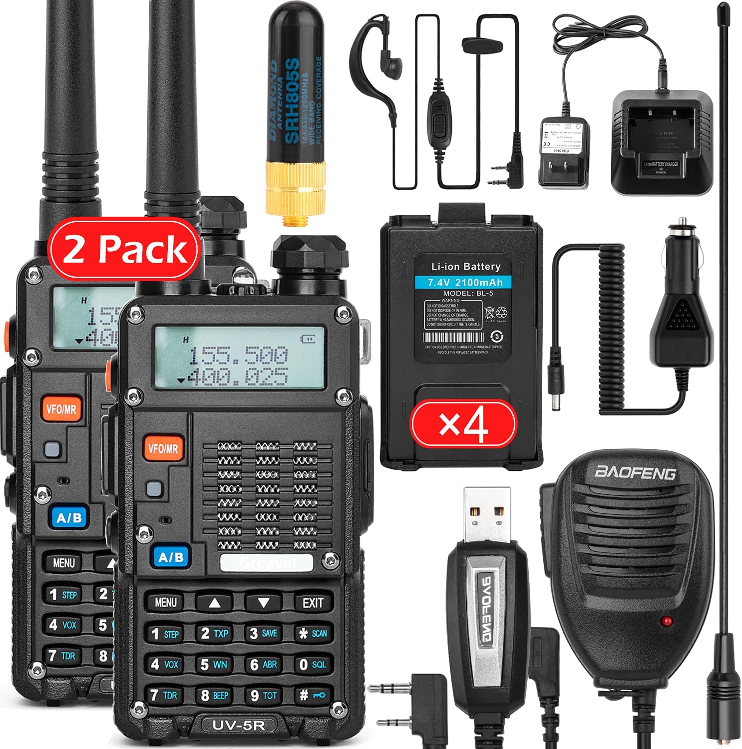Ham Radio Walkie Talkie (UV-5R 8W) Dual Band 2-Way Radio with 2 Rechargeable 2100mAh Battery Handheld Walkie Talkies Complete Set with Earpiece and Programming Cable Pack of 2