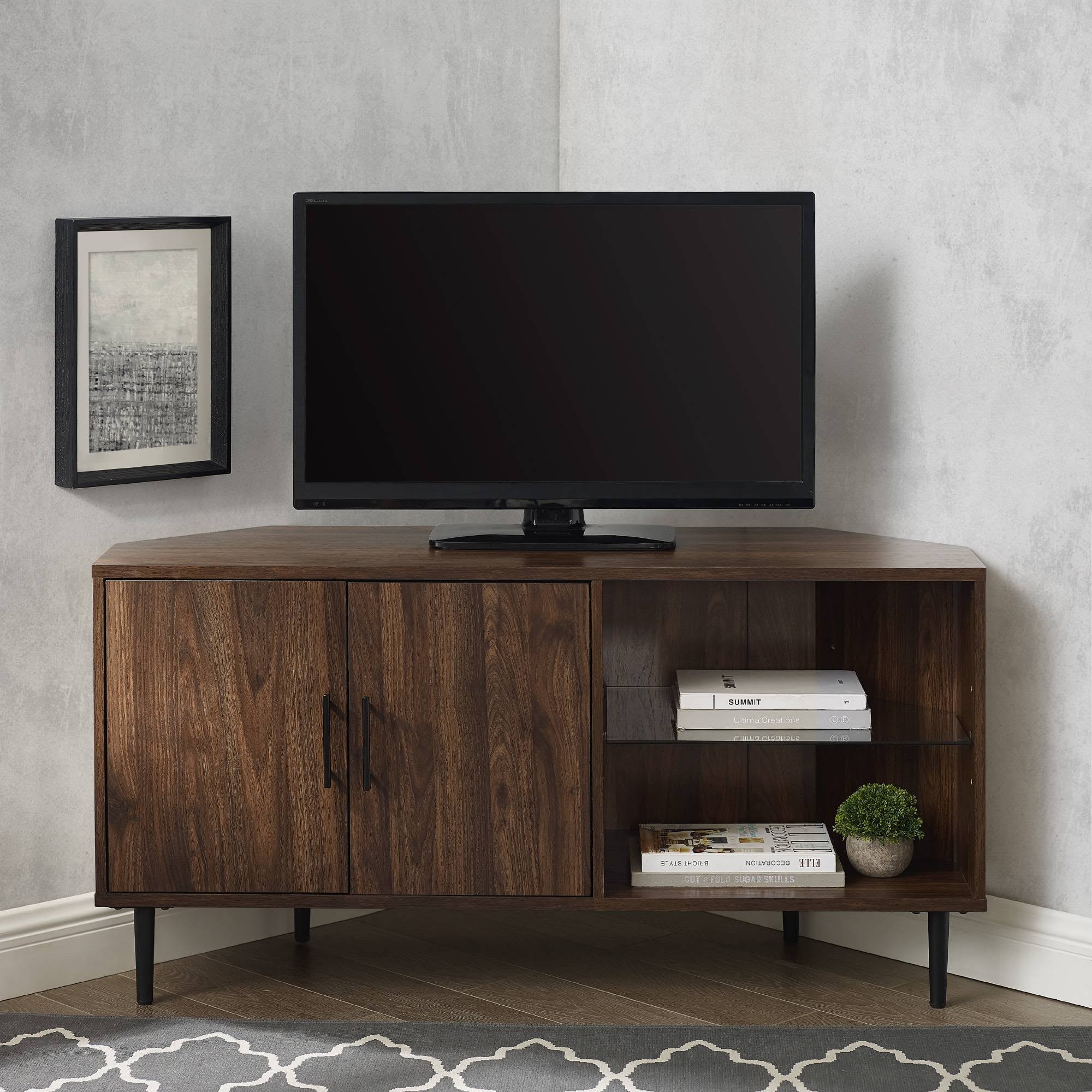 Contemporary Corner TV Stand for TVs Up to 55x22 Dark Walnut - Saracina Home