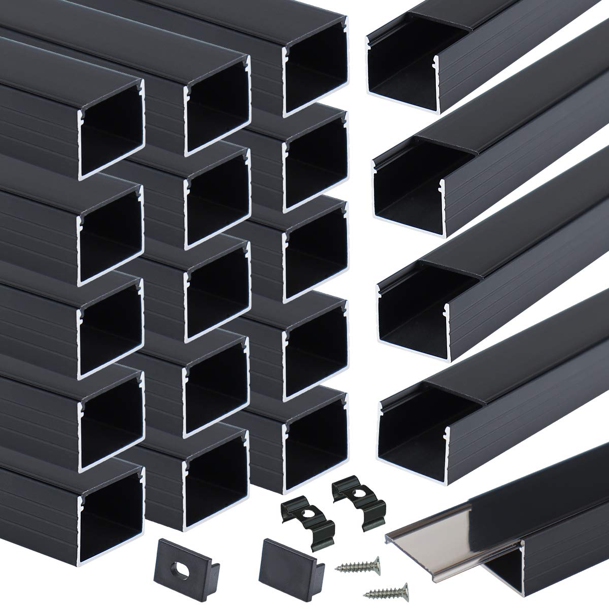 Muzata 20Pack 3.3FT/1M Black LED Channel U Shape with Smoky Transparent LED Strip Cover 18x13mm Wide Aluminum Profile Track for Waterproof LED Light Strip U103 1M BB, LP1 LU2