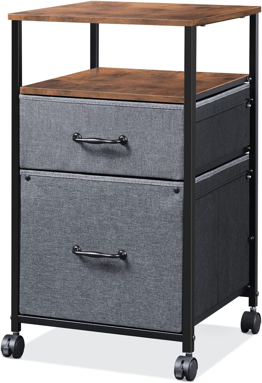 DEVAISE Mobile File Cabinet, Rolling Printer Stand with Open Storage Shelf, Fabric Vertical Filing Cabinet fits A4 or Letter Size for Home Office, Rustic Brown Pack of 2