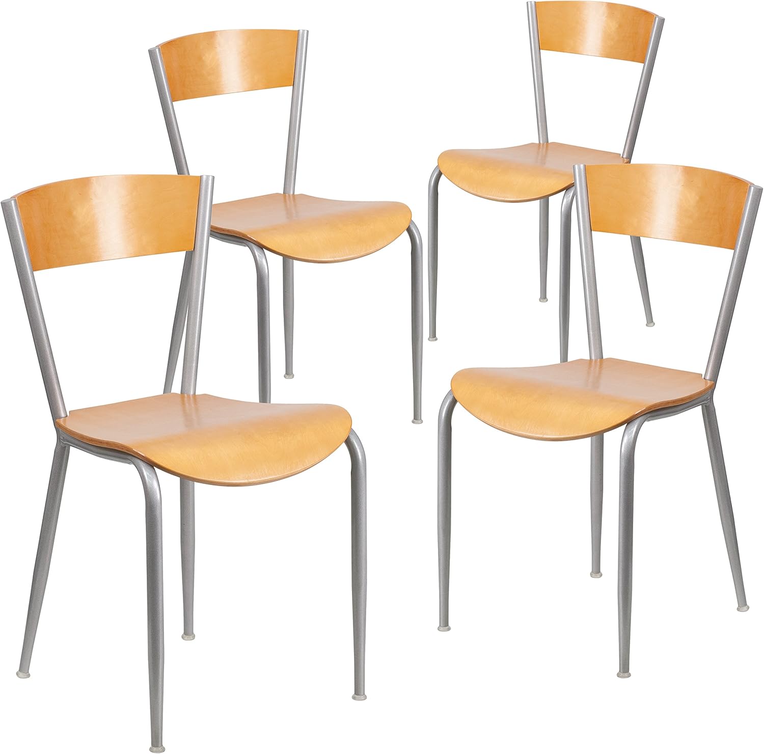 Flash Furniture 4 Pack Invincible Series Silver Metal Restaurant Chair - Natural Wood Back & Seat