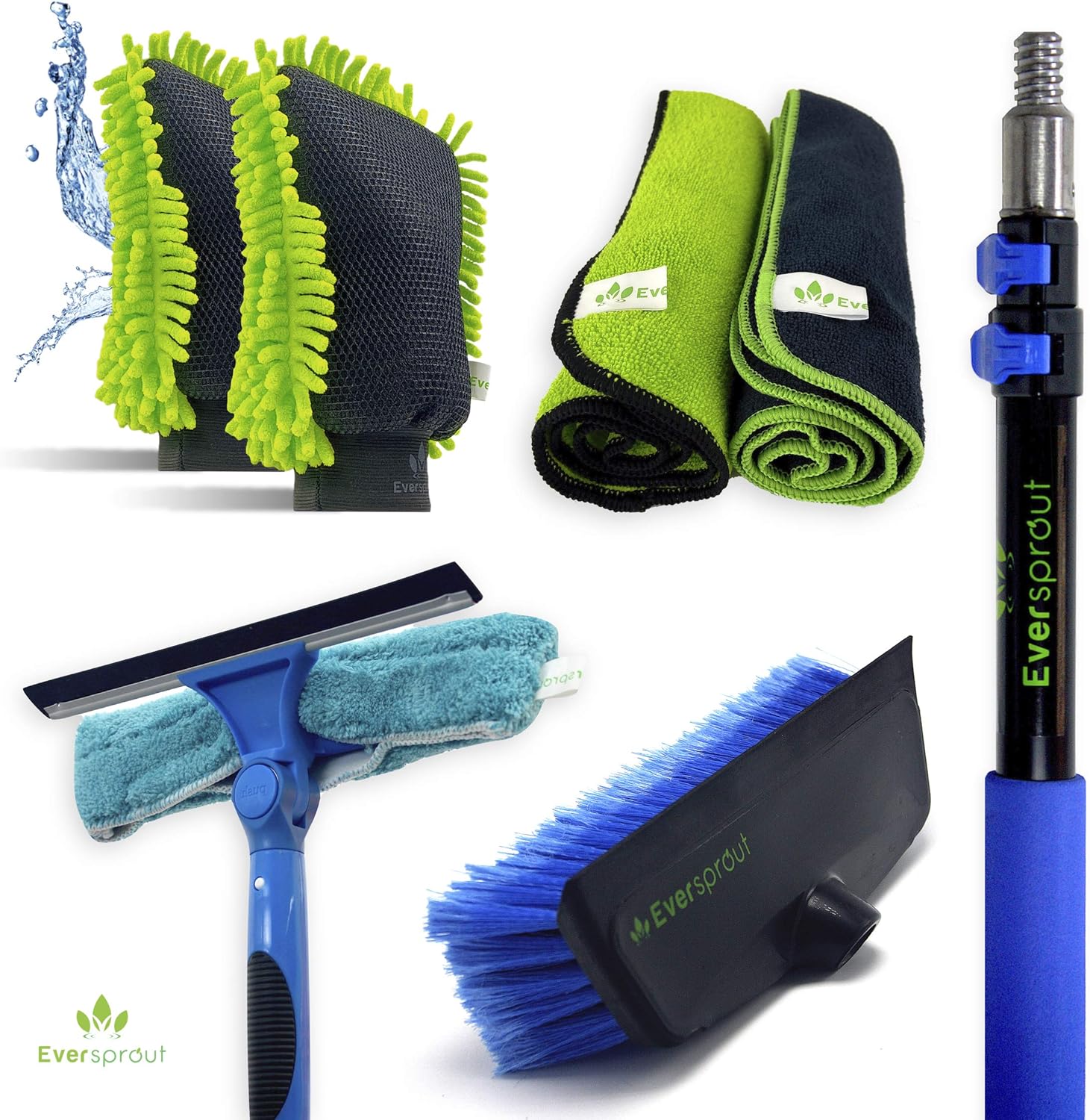 EVERSPROUT 5-to-13 Foot Premium High-Reach Car Wash Kit | Extension Pole, No-Scratch Scrub Brush Pro, Swivel Squeegee, Dual-Sided Carwash Mitts, Microfiber Towels | Cleans Vehicle, RV, Boat, Windows