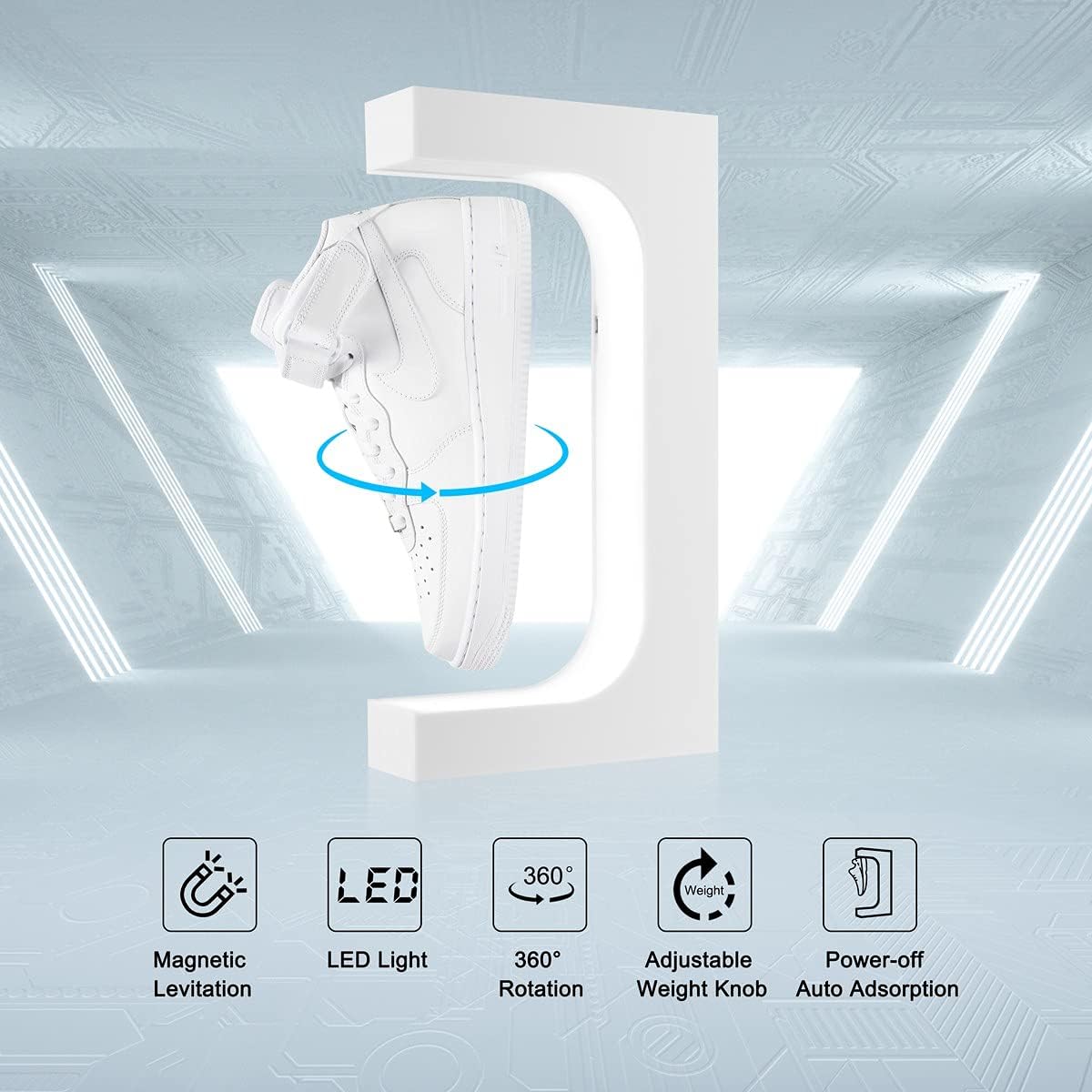 Levitating Shoe Display Magnetic Levitation Sneaker Stand with LED Light, Rotating Floating Holder Rack for Shoes Collectors Advertising Exhibition Shoe Store Show Home Decoration, White