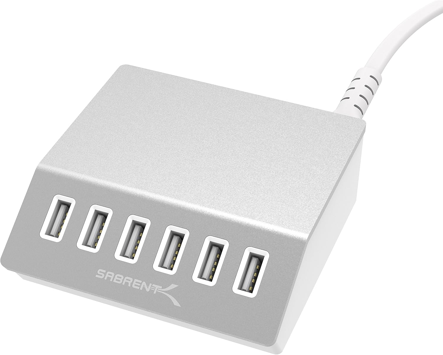 Sabrent Premium 60 Watt (12 Amp) 6-Port Aluminum Family-Sized Desktop USB Rapid Charger. Smart USB Charger with Auto Detect Technology [Silver] (AX-FLCH) Pack of 2