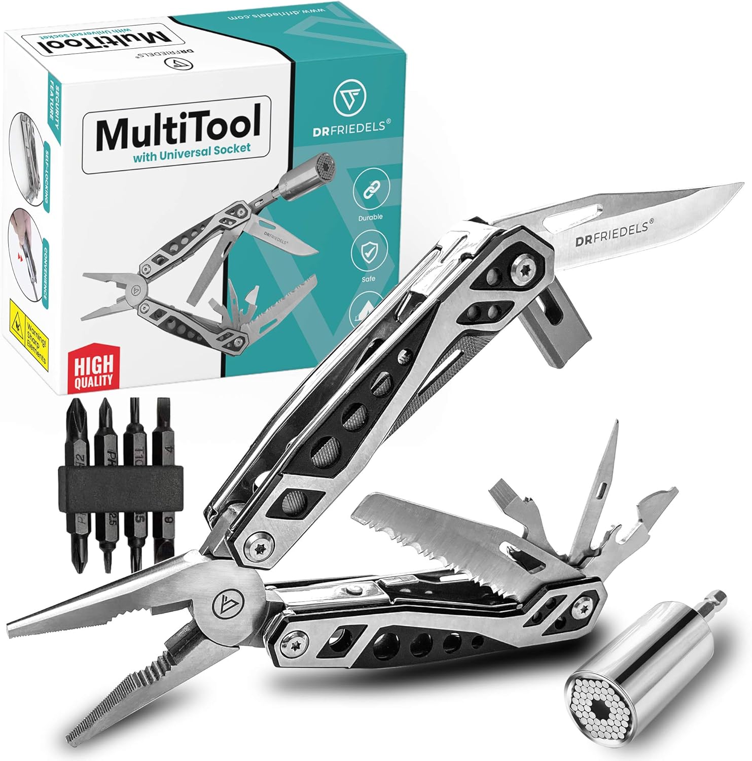 DRFRIEDELS Multitool &ndash; 22 in 1 Tools and Universal Socket Set &ndash; Multitools Including Screwdriver Set for DIY and Repair Jobs &ndash; Compact Pocket Multi Tool with Pliers, Bottle Opener, Chisel and More