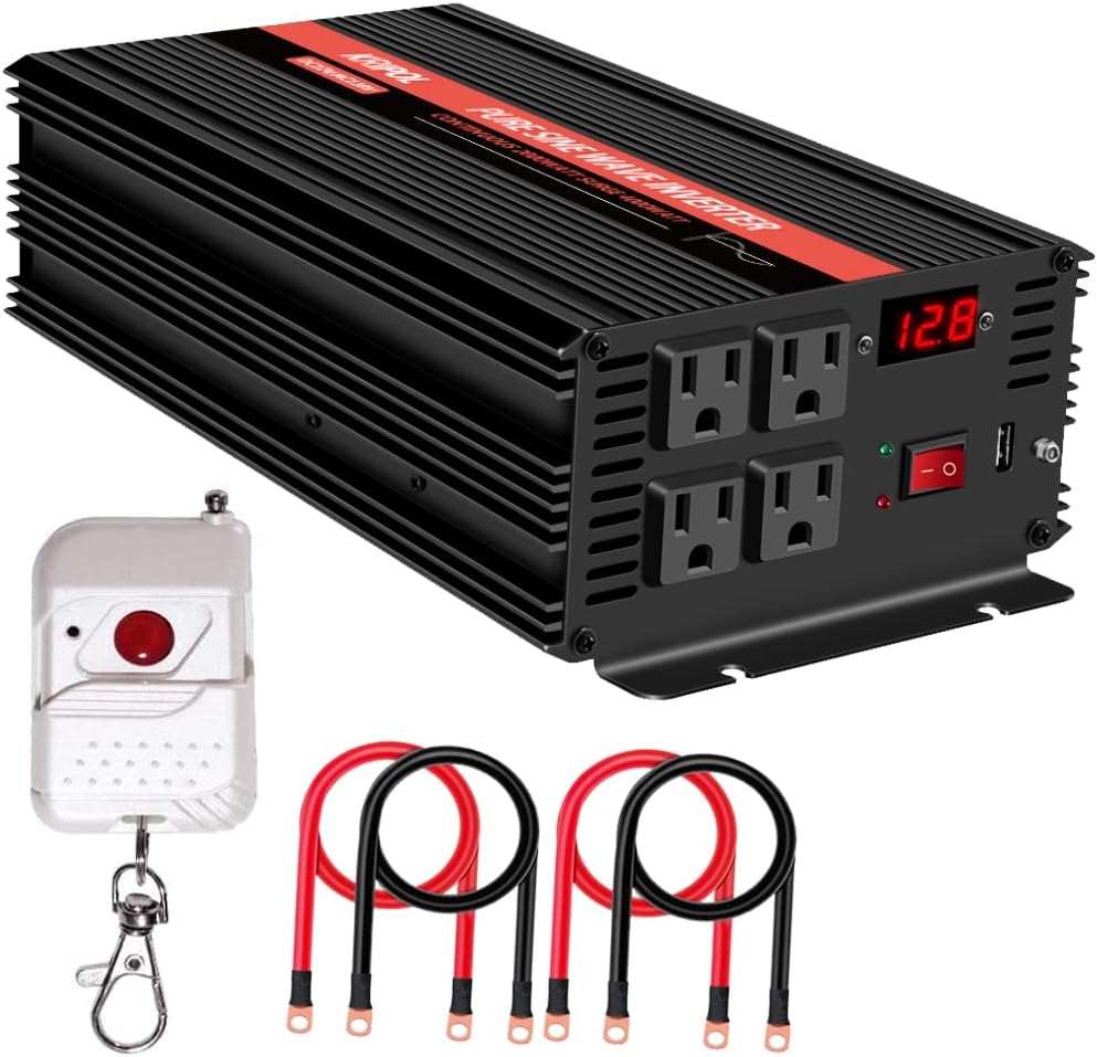 Pure Sine Wave Inverter 2000 Watt, Power Converter 12V DC to 110v/120v AC, Car Inverter with 4 AC Outlets&USB Output 50M Wireless Remote Control and 2 Cooling Fans-Peak 4000 Watt(2000W-12V)