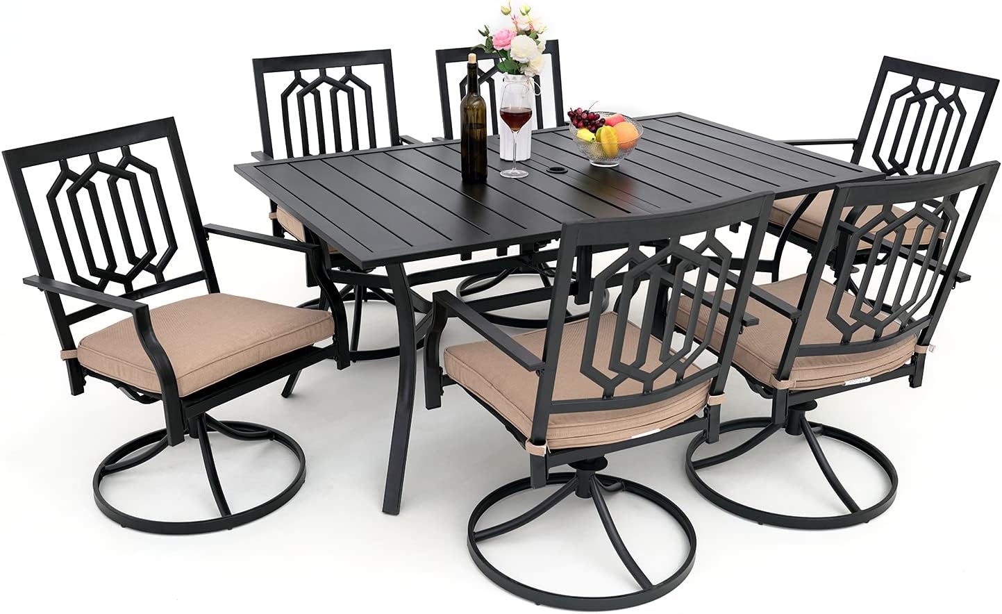 7PCS Outdoor Patio Dining Set 6 Swivel Dining Chairs & 1 Rectangular Outdoor Dining Table with Umbrella Hole, Lawn Backyard Garden Furniture Sets