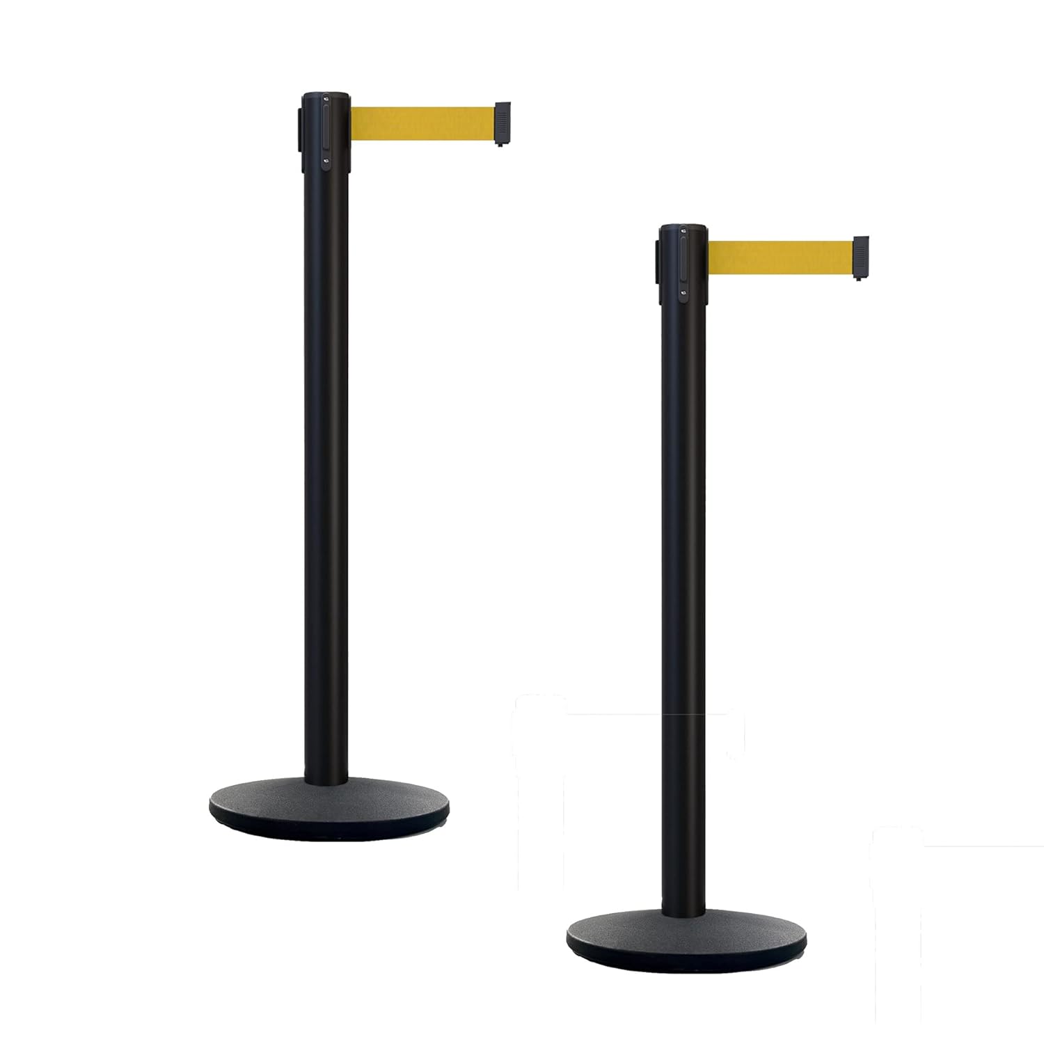CCW Set of 2 Retractable Belt Barrier Stanchion, Cast Iron Base Yellow Post, IRBB-150 (16 Foot Belt, Black and Yellow Diagonal Belt)