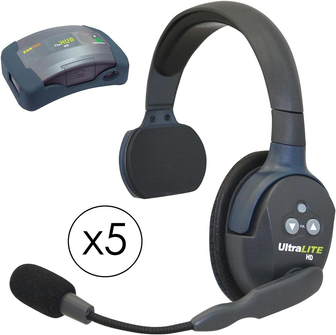 EARTEC HUB5S Hub Mini Duplex Base 5-Person System, Includes 5X Ultralite Single Headset- with 2 Pack 3.7V Rechargeable Lithium Ion Battery