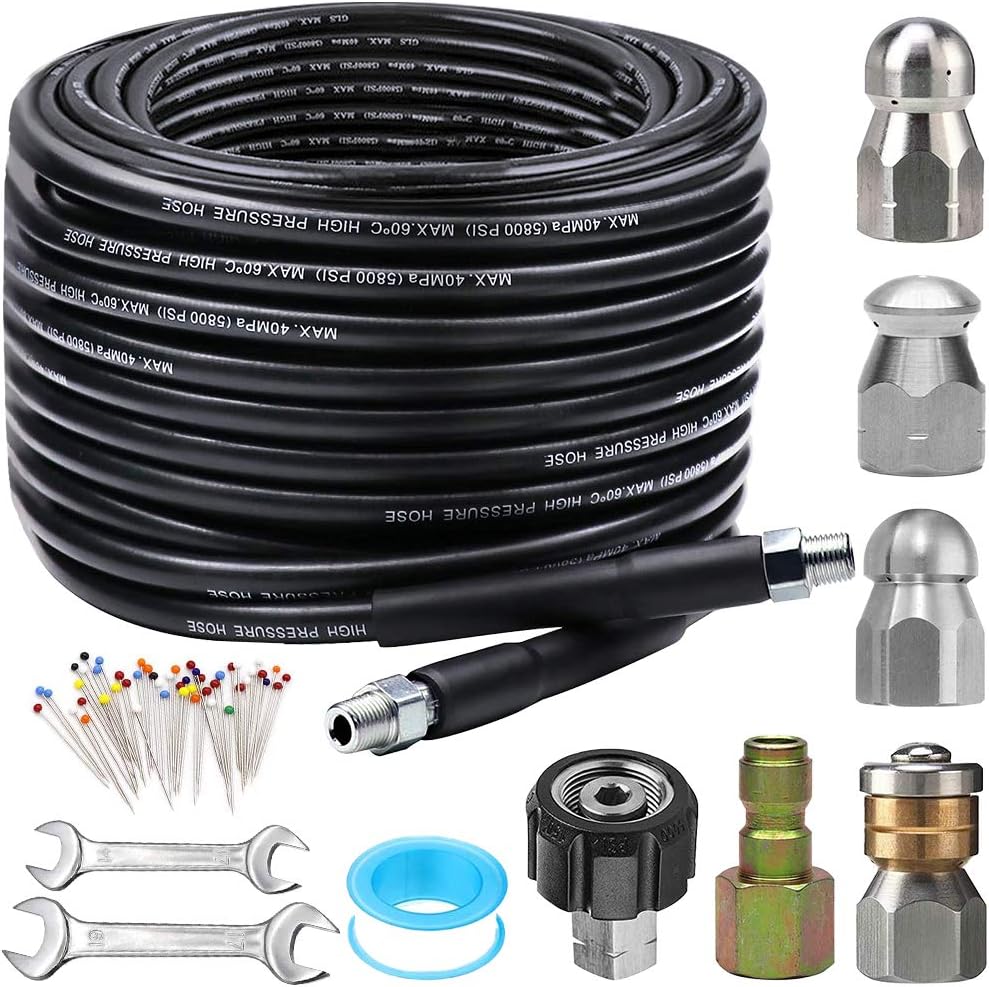 Sewer Jetter Kit for Pressure Washer 100FT, Newest 5800PSI Drain Cleaner Hose 1/4 Inch NPT Corner, Rotating and Button Hose Sewer Jetting Nozzle Pearl Corsage Pin Waterproof Tape with 2 Spanner Pack of 2