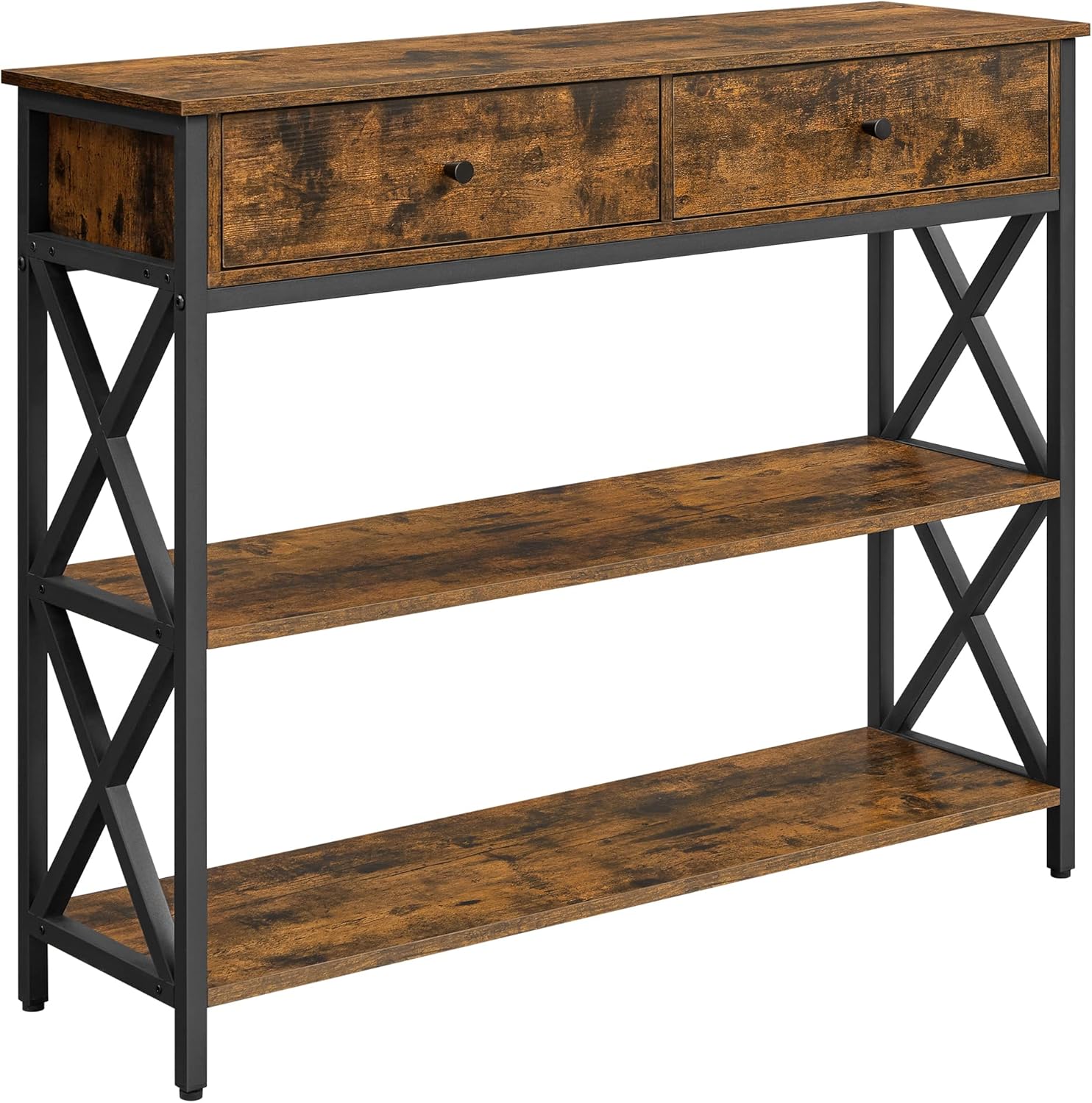VASAGLE 39.4&rdquo; Console Table with 2 Sliding Drawers, Sofa Table with Storage Shelves, Entry Table with Metal Frame, Farmhouse Style, for Entryway, Living Room, Rustic Brown and Black ULNT022B01