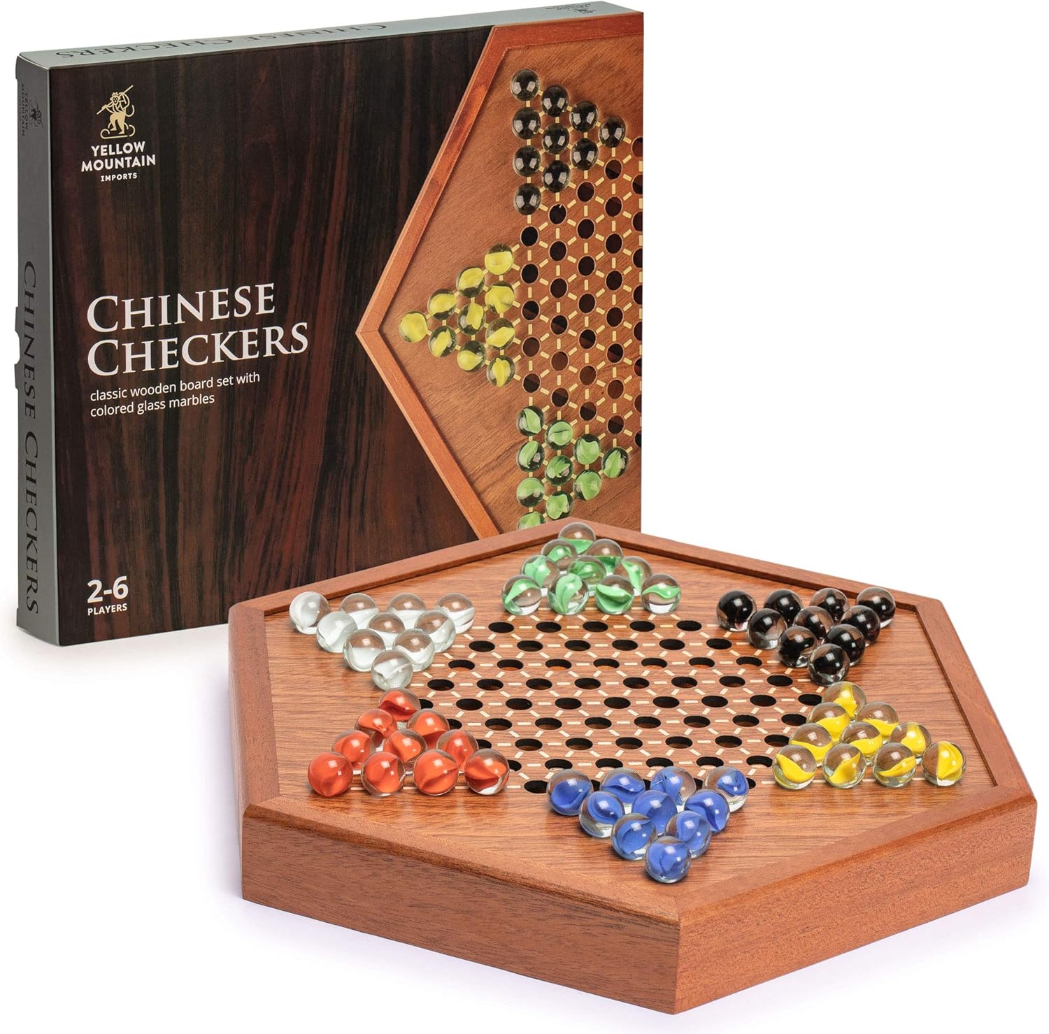 Yellow Mountain Imports Wooden Chinese Checkers Halma Board Game Set (12.6 Inches) with Storage Drawer and Solid Color Glass Marbles (16mm) - Classic Strategy Game Pack of 2
