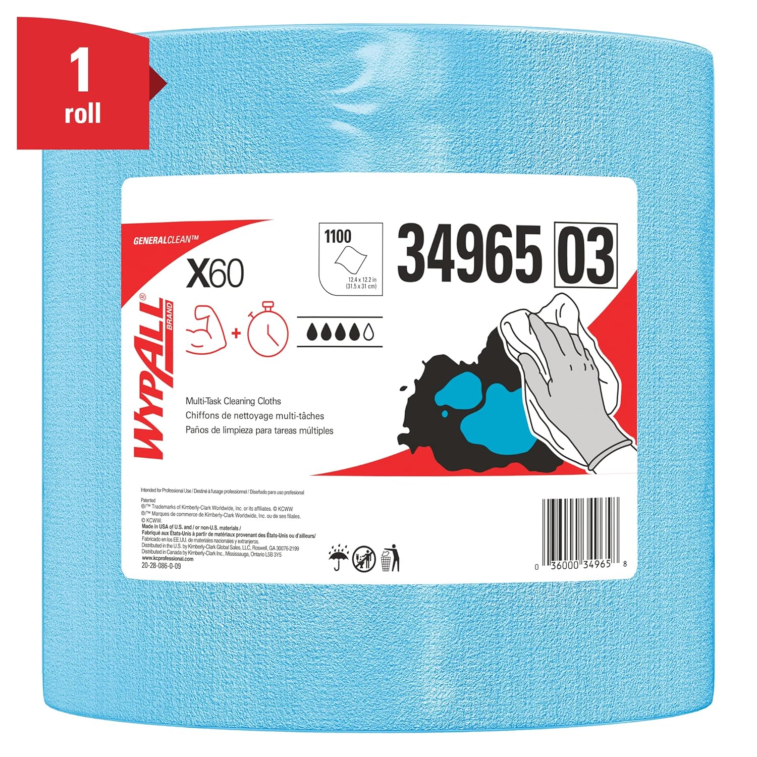 WypAll General Clean X60 Multi-Task Cleaning Cloths (34965), Jumbo Roll, Blue, 1,100 Sheets / Roll, 1 Roll / Case Pack of 2