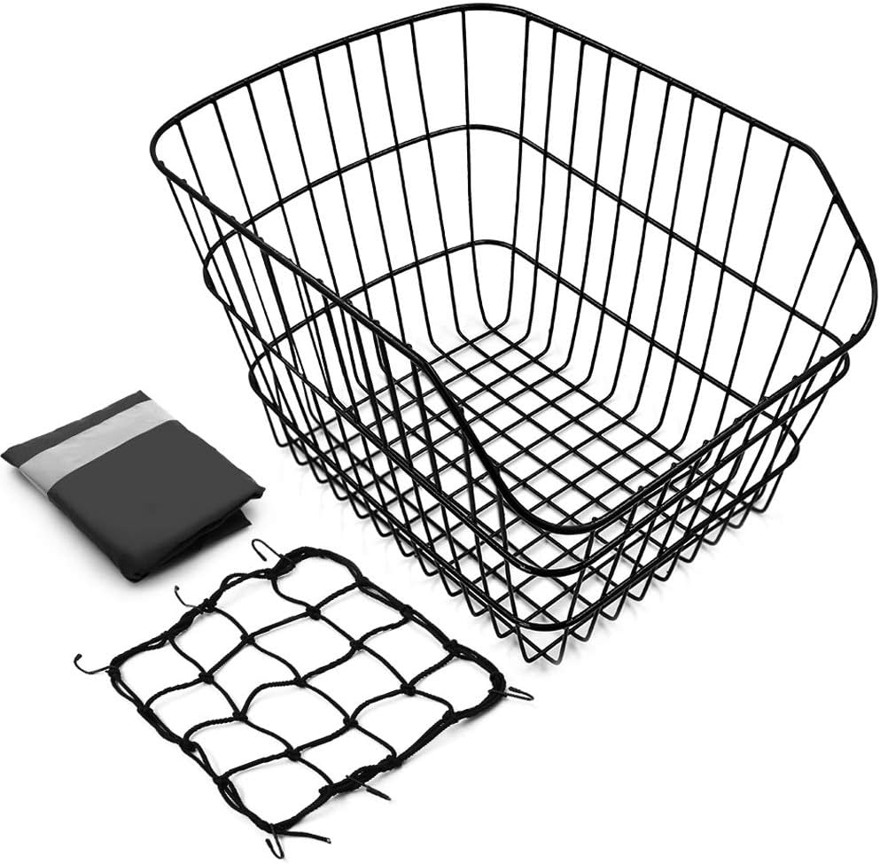 Hoobbii Rear Bike Basket, Waterproof Metal Wire Bicycle Basket with Adjustable Cargo Net and Waterproof Rainproof Cover Fits to Most Rear Bike Racks Pack of 2