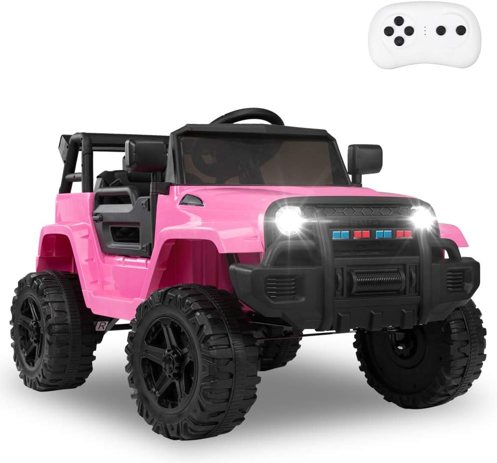 JOYMOR Ride on Truck with Remote Control, 4 Wheels 12V Battery Powered Kids Car, with LED Headlight/Horn Button/ MP3 Player/USB Port/ Forward Backward/Kids Girl Boy (Pink)