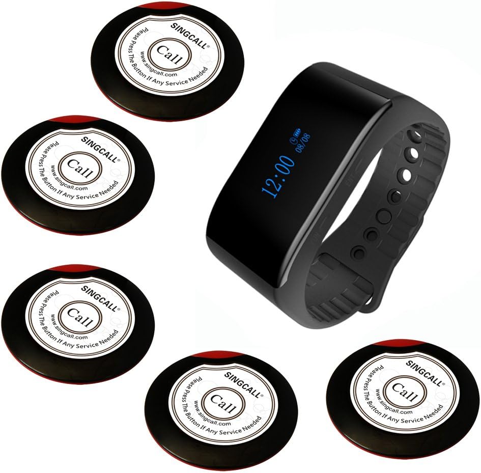 SINGCALL Wireless Calling System Waiter Service System, for Bank Restaurant Cafe Restaurant Hospital Factory Office, 5 Buttons 1 Waterproof Watch