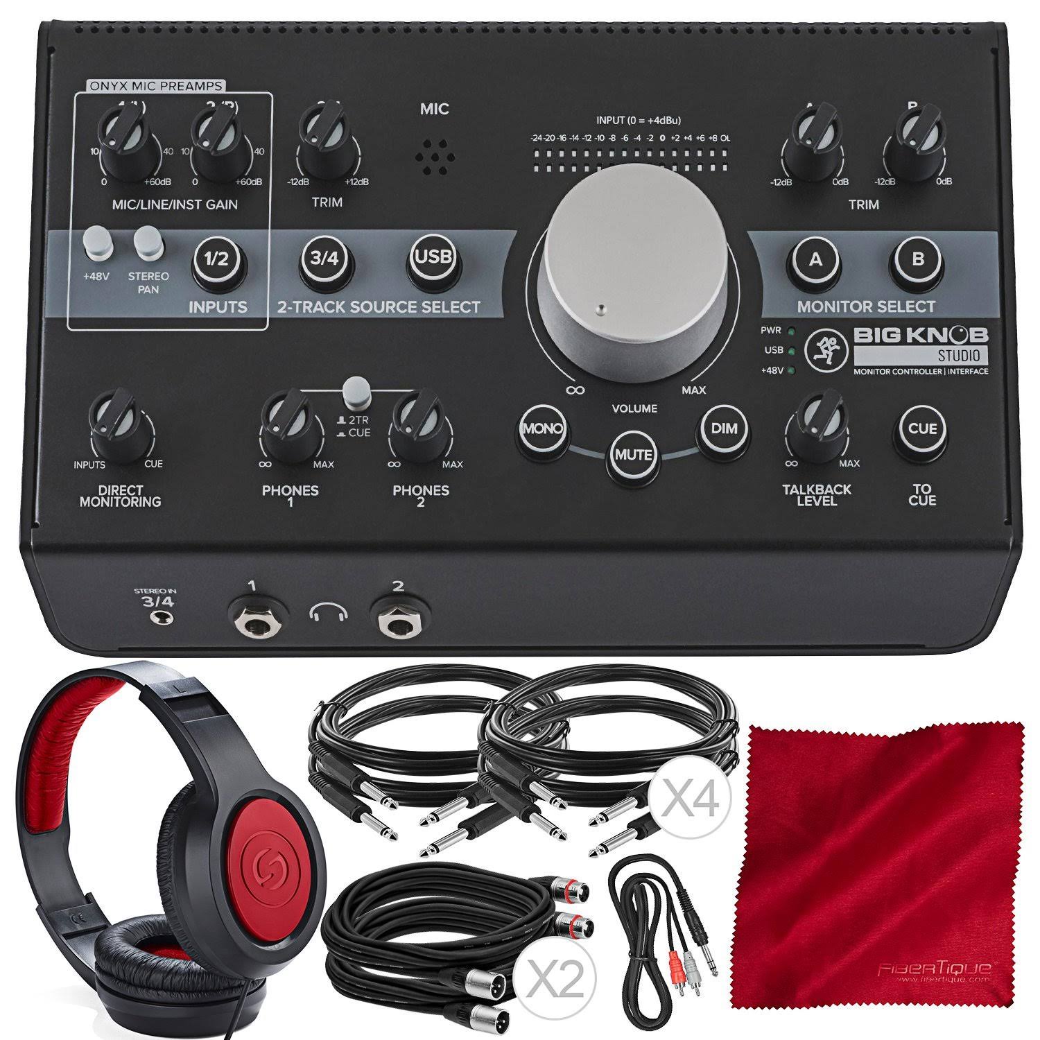 Mackie Big Knob Studio Monitor Controller Interface + Deluxe Accessory Bundle with Dynamic Headphones, 7X Cables, and Fibertique