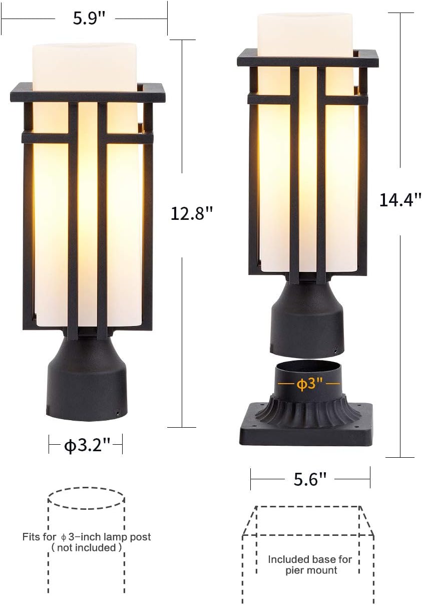EERU Outdoor Post Lights Waterproof Metal Frame with Milk&nbsp;White Frosted Glass, Pier Mount Outdoor Lighting Fixtures(with 3-Inch Pier Mount Base)Outdoor Post Lantern for Garden Backyard and Porch