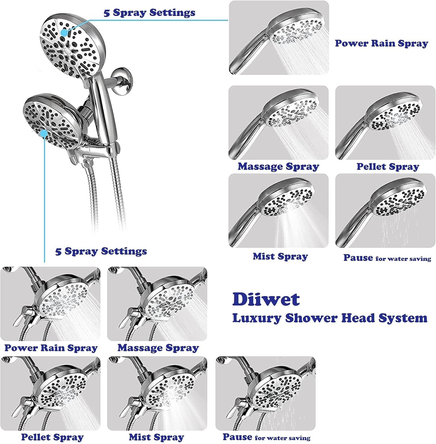 Diiwet Rain Shower Head with Handheld, 5