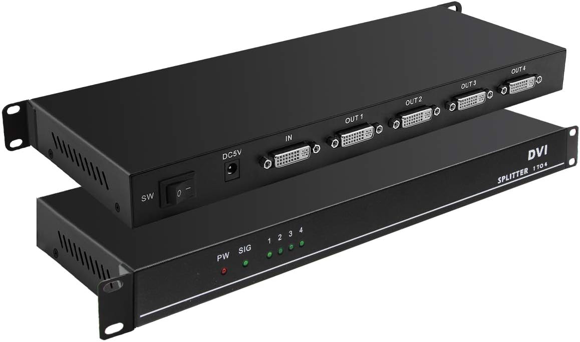 DVI Splitter,Ports DVI Distribution Duplicator Splitter,Supports Resolution up to 4K2K@30Hz,Copy EDID Automatically (1 in 4 Out) Pack of 2