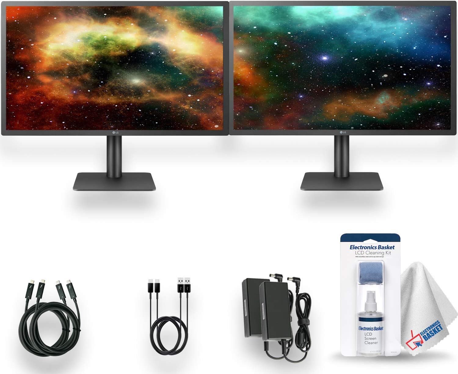 2 x LG UltraFine 24MD4KL-B 24-Inch 16:9 4K IPS Monitors - macOS Compatibility With USB Type-C Cable, Thunderbolt 3 Cable, LCD Cleaning Kit and Electronics Basket MicroFiber Cloth - Dual Monitor Bundle
