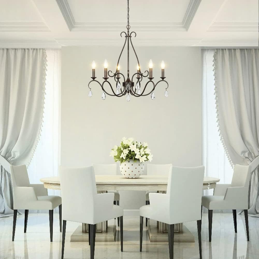 Acesun 6 Light Farmhouse Chandelier with Crystal Pendants, French Country Chandeliers for Dining Room, Living Room, Bathroom, Kitchen