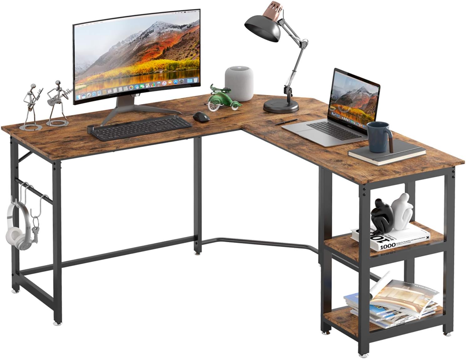 IRONCK L Shaped Computer Desk, Corner Office Desk Writing Study Table with Storage Shelves, Multi-Usage Large Long Home Office Desk Gaming Wood and Metal, Space-Saving, Easy Assembly