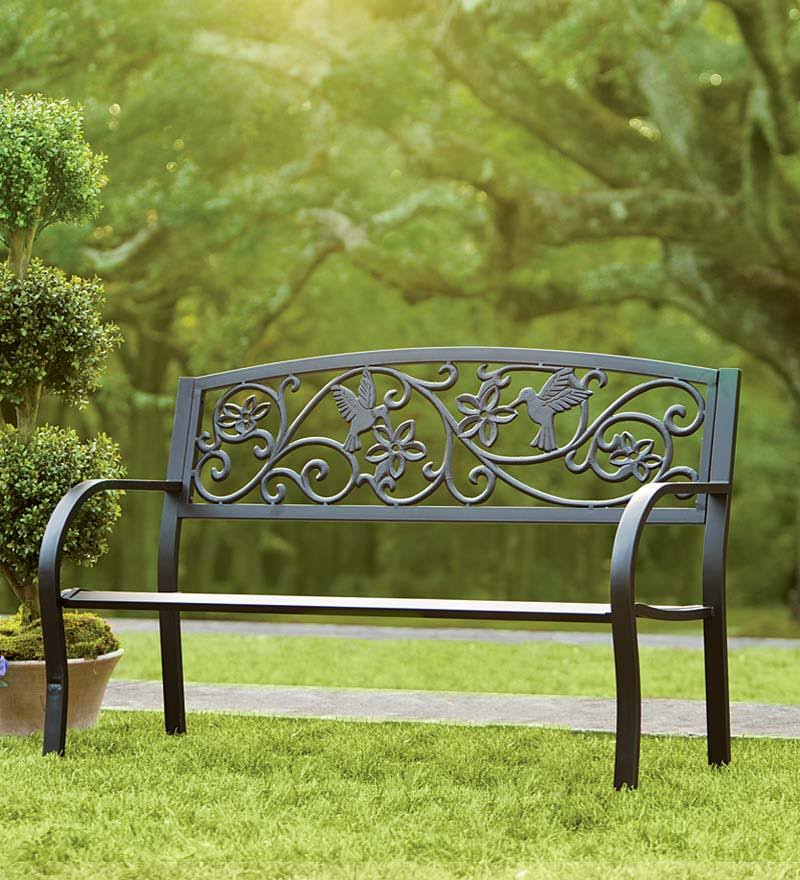 Cast Aluminum Outdoor Garden Bench with Hummingbird Design, Black